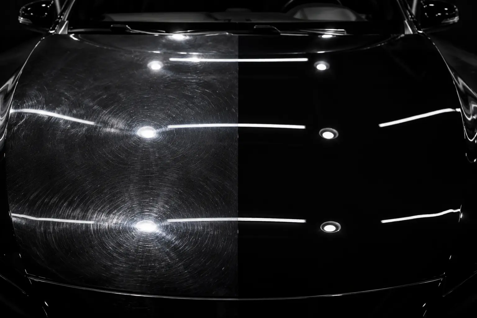Black paint showing severe swirls beside a corrected glossy finish under an inspection light