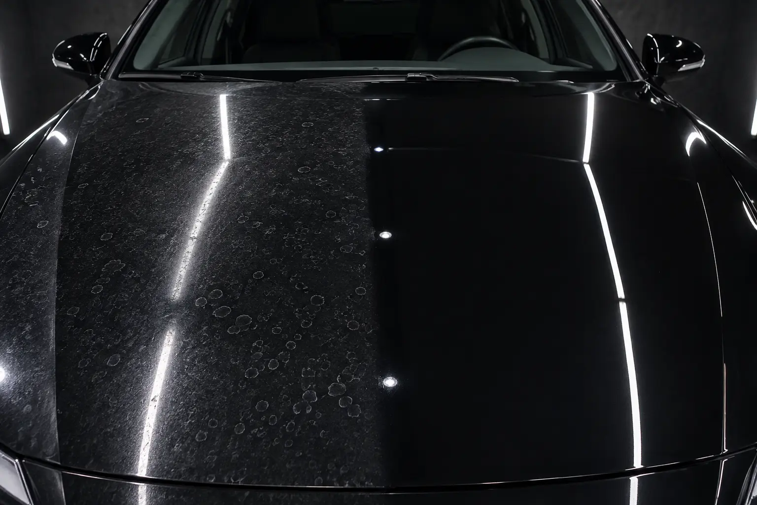Dark hood showing mineral water spotting beside clean polished paint